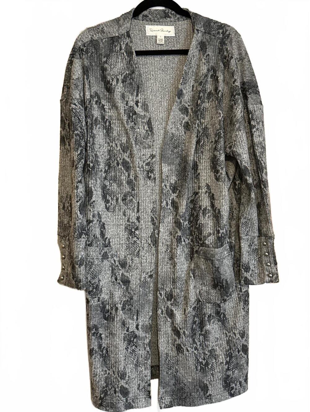 French Laundry Gray Snake Patterned Long Knit Cardigan Size L